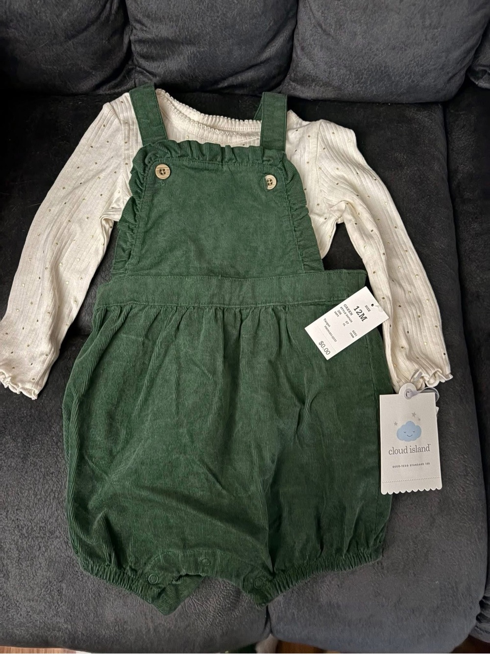 Target Green Corduroy Bubble Romper with Cream Dot Top 12M